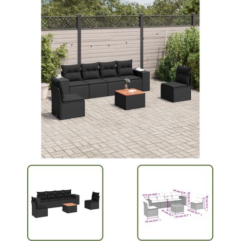 The Living Store Salon de jardin 7 pcs avec coussins noir résine tressée - Salon De Jardin - Meuble Extérieur - Set Salon - Résine Tressée - Rotin Synthétique (1/3)