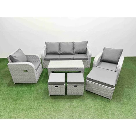 Fimous PE Rattan Garden Furniture Set Reclining Chair Sofa Lounge Sofa Set Rectangular Coffee Table 3 Stools Light Grey (1/4)