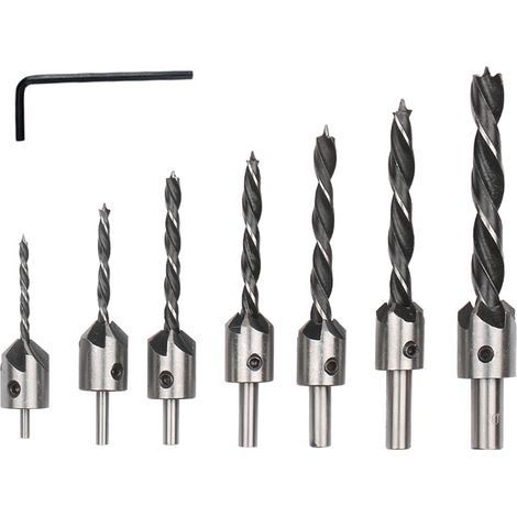 Jeu De 7 Fraises Hss À 3 Pointes Pour Bois Propre, Outil De Menuiserie Avec Clé Allen, Compatible Avec Perceuses (1/5)