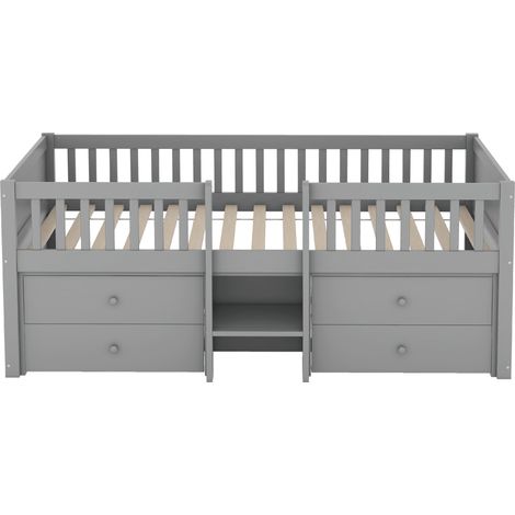 Lit mi-hauteur 90200cm, 4 tiroirs, barrière, échelle, pin massif, sans matelas, style minimaliste, gris (1/5)