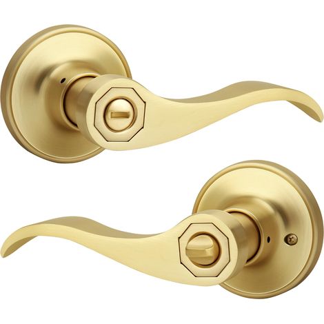 Manilla de puerta WaveStyle fabricada en latón cepillado con mango reversible para baño/dormitorio, superficie de latón satinado. (1/5)