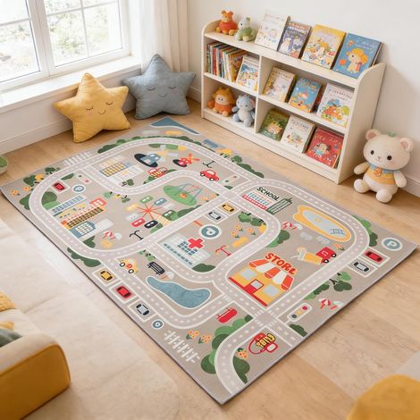 Tapis pour Enfants Tapis de Jeu Street Car Univers Animal Bleu Vert Gris Gray 10 Tailles (1/5)