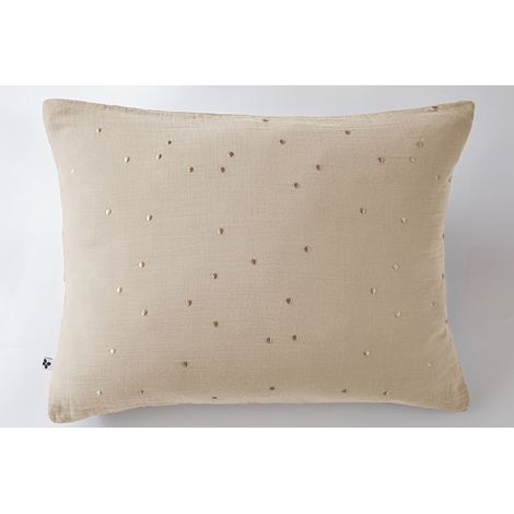 Taie d’Oreiller 50 x 70 cm – Gaze de Coton Brodée Fil Or – Gaïa Chic Ficelle