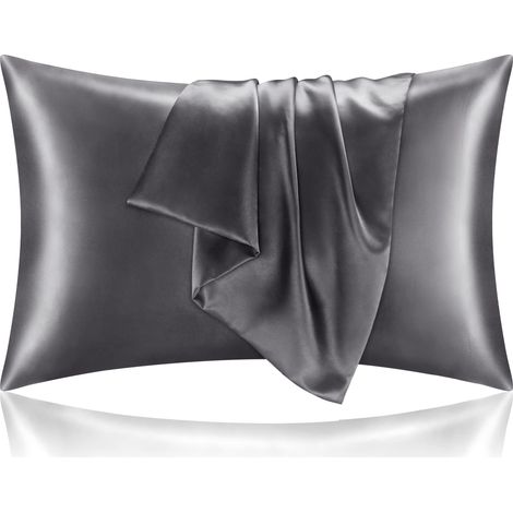 Taie d'oreiller satin soie pour cheveux et peau, gris foncé, housse standard 50x66 cm, lot de 2, ultra douce avec fermeture enveloppe (1/5)