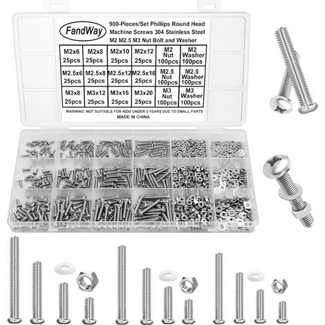 M2 M2.5 M3 Vis à Métaux et écrous,900 Pièces Vis à Tête Ronde Croix,Boulon et écrous Rondelles,Boulon à Tête Bombée Cruciforme Entièrement Filetées en Acier Inoxydable 304. (1/5)