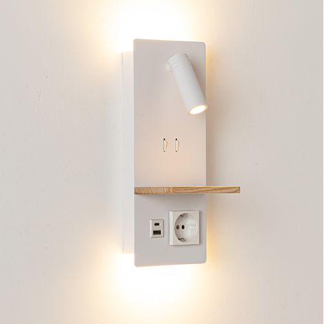 Aplique pared Möbius blanco lectura USB bandeja madera (1/5)