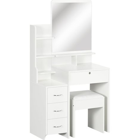 Tocador con espejo y taburete acolchado 80 x 38 x 143 cm 4 cajones antivuelco elegante de tablero de partículas blanco 210001508 (1/5)
