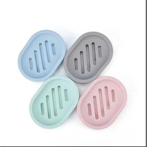 Porte-savon à fixer, lot de 4 en polypropylène, dimensions 13 x 2,5 x 9,8 cm, disponible en rose, bleu clair, gris clair et vert menthe (1/4)