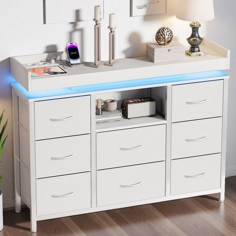 Buffet moderno, Buffet de salón 8 cajones, Estanterías abiertas, Cómoda con iluminación LED y USB, Metal, Mueble de almacenamiento, Blanco (1/5)