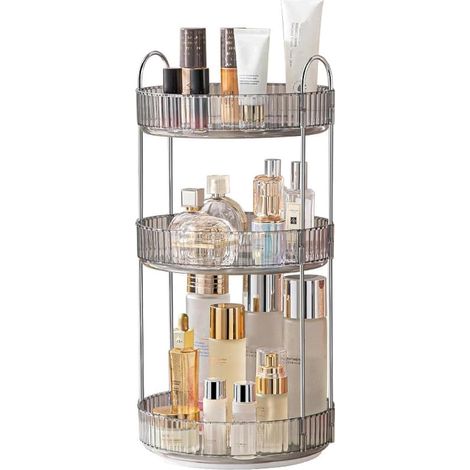 Organisateur de maquillage rotatif 360°, 3 couches gris, pour cosmétiques et soins de la peau. (1/5)