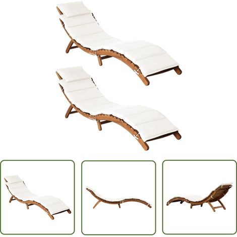 The Living Store Chaises longues et coussins 2pcs Crème blanc Bois massif acacia - Chaise Longue - Transats - Mobilier De Jardin - Salon De Jardin - Bain De Soleil (1/5)