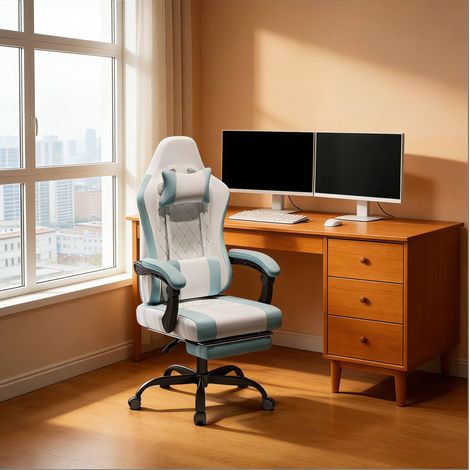 Bürostuhl 70x70x127 cm blau-weiß aus Stoff und Mesh mit Massagefunktion und Fußstütze (1/5)
