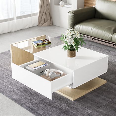 GagaTable basse en blanc brillant et couleur bois, avec verre et effet LED (1/5)