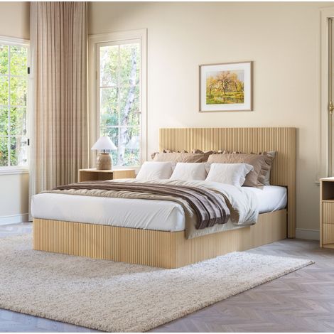 Cama moderna 160x200 cm acabado roble con cabecero ranurado, arcón abatible y sistema hidráulico
