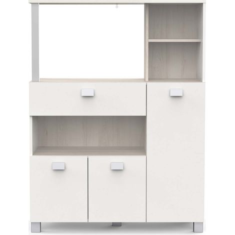 Desserte de cuisine meuble micro-ondes couleur acacia / blanc mat - Largeur 99,3 x Profondeur 41,3 x Hauteur 132,2 cm (1/5)