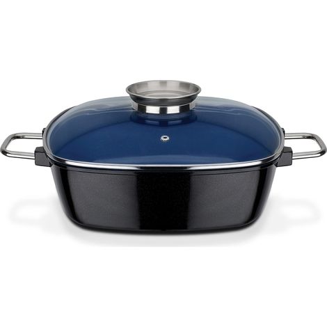 GSW Ceramica Kobaltblau Rostiera Extra Alta con Coperchio in Vetro, pomello Aroma, 28 x 28 x 8,5 cm, 5 l, Acciaio Inossidabile, Blu, 28 cm (1/5)
