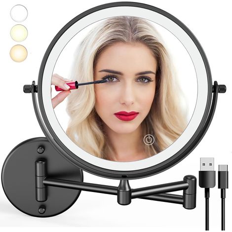 Miroir de maquillage mural rechargeable et lumineux - 20 cm (8 po) Noir, 20 cm (8 po) x 10 (1/5)