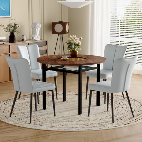 Ensemble de salle à manger rond moderne et minimaliste (avec 4 chaises PU gris clair), table ronde de 100 cm de diamètre, aspect bois, adaptée à la salle à manger et à la cuisine. (1/5)