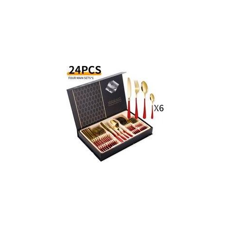 Ménagère 24 pièces en acier inoxydable – pour 6 personnes – rouge/or (1/5)