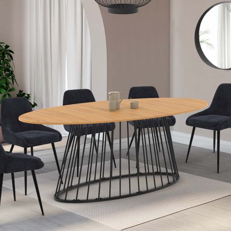 Mesa de comedor ovalada YUNA para 10 personas con tablero de madera y pata de alambre de metal negro 200 cm (1/5)