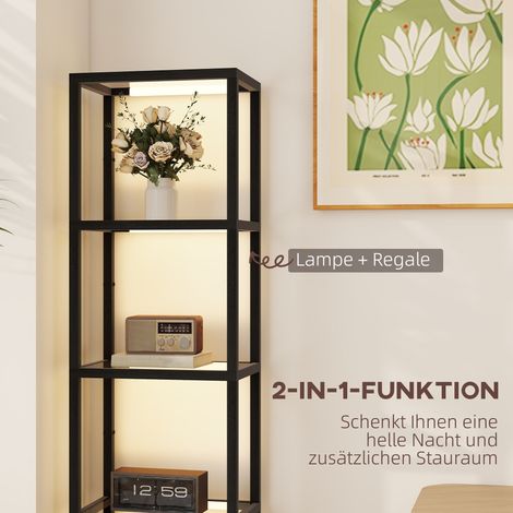 Lampadaire LED design à 4 étagères lumineuses en verre, étagère à 4 compartiments éclairés, interrupteur au pied, MDF noir (1/4)