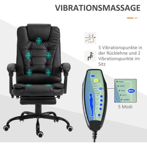 Fauteuil massage 7 zones, siège bureau pivotant réglable hauteur avec repose-pieds intégré, 67x79x111-121 cm