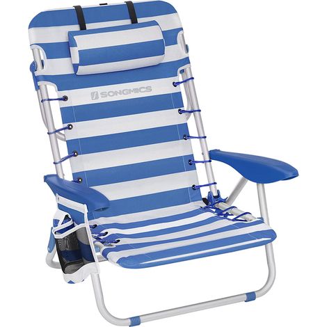 Chaise de plage pliante aluminium avec oreiller pliable inclinable portable comme sac à dos chaise d’extérieur rayure bleue et blanche (1/5)