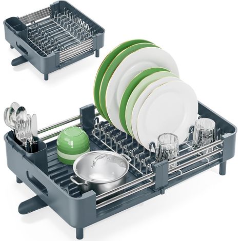 Égouttoir extensible pour vaisselle, égouttoir comptoir de cuisine, pliable en acier inoxydable avec porte-couverts amovible, support assiettes résistant aux rayures, vert Vert -'Vert'Vert'- (1/5)