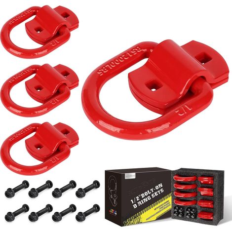 1/2" Heavy Duty Bolted Forged D-Ring, 12000lbs Breaking Strength Tie Down Anchor Hook for Trailer, Truck and Cargo Tie Down Device (4 Pack), Red (1/5)
