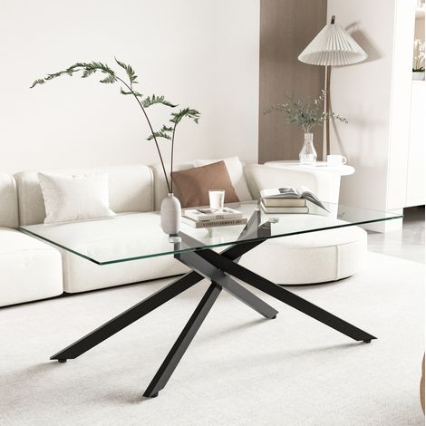 Mesa de centro rectangular 120x60x46 cm, vidrio templado negro y estructura de metal, diseño moderno (1/5)