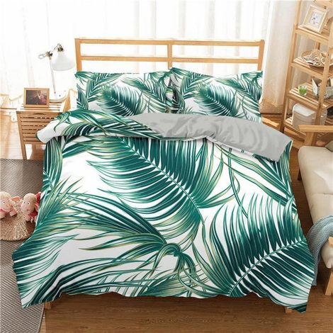 Ensemble de literie 220x240cm Vert Feuilles Tropicales Microfibre 1 housse de couette + 2 taies d'oreiller