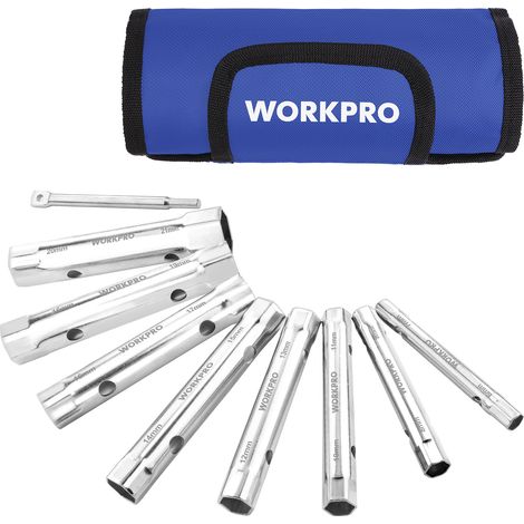WORKPRO Jeu de 9 Clés à Bougie et à Pipe, Clés à Tube de 6x7 à 20x22 mm avec Barre de Rotation et Sac de Rangement, Clé Tubulaire pour Réparation Auto et Bricolage