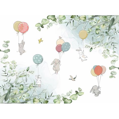Papier peint panoramique Enfants - Lapins Ballons - 130 cm x 97 cm (1/2)
