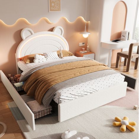 Cama infantil 140x200 cm de terciopelo beige, 4 cajones para dormitorio, sin colchón FloraGrace (1/5)