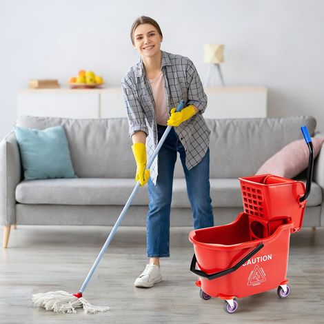 Seau à serpillière professionnel Kentucky 32L/33L – Double compartiment robuste avec essoreuse sur roulettes – Idéal pour sols industriels, hôtels, écoles, usage domestique ou commercial – Couleur : R (1/5)