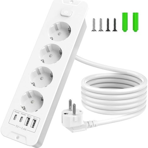 Multiprise Encastrable Plan de Travail, 4 Prises avec Interrupteur et USB (PD 20W), Multiprise 2m, Prise de Table pour Cuisine et Bureau, Parafoudre et Surtension, Blanc (1/5)