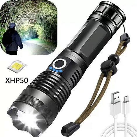 Lampe torche LED haute puissance, 10 000 lumens, lampe torche LED P50 avec zoom, rechargeable par USB, 5 modes d'éclairage (1/5)