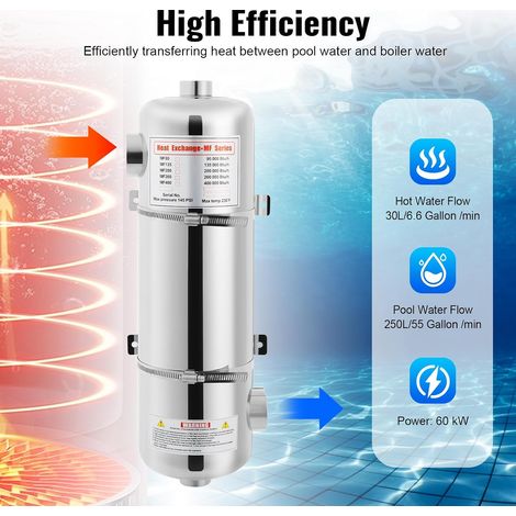 Schwimmbad-Wärmetauscher Edelstahl Pool-Heizung 60 kW 200kBtu/h Maximaler Druck: 145 PSI Poolwärmetauscher Umgekehrter Auslass und Einlass (1/5)