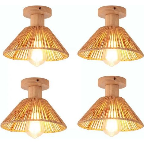 4pcs Plafonnier Rétro,E27 Lampe de Plafond Abat-jour en Rotin et Bois Vintage Lustre Design Chapeau pour Couloir Salon (1/5)