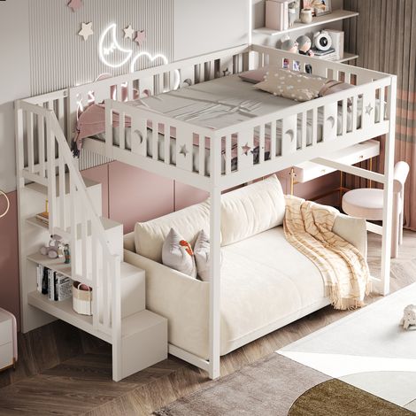 DESVIAE Lit mezzanine enfant 140 x 200 cm avec escalier rangements espace canapé barrières de sécurité décor étoiles et lune bois massif blanc (1/5)