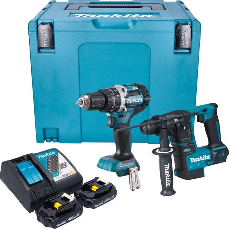 Makita DLX 2278 RYJ Kit combiné batterie + Perceuse-visseuse à percussion 54 Nm DHP 484 + Marteau perforateur 1,2 J DHR 171 + 2x batterie 1,5 Ah + chargeur + Makpac (1/5)