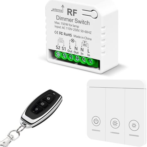 Variateur D'eclairage Interrupteur Sans Fil Avec Telecommandes, AC220V Gradateur Pour LED Et Halogenes 10W-150W, Compatible Avec Les Variateurs De Panneau Mural (pas Besoin De Wi-Fi) (1/5)
