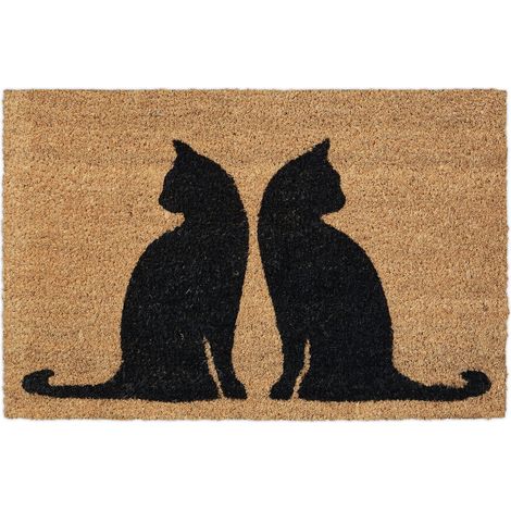 Relaxdays Fußmatte Kokos, 40 x 60 cm, Türmatte mit Katzenmotiv, innen & außen, rutschfester Fußabtreter, natur/schwarz