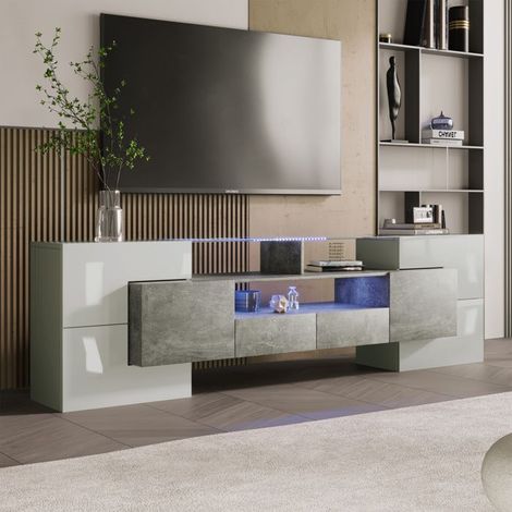 Mueble de TV moderno, blanco y gris lacados, con iluminación LED, 6 puertas, 2 cajones, mueble de salón, 200 x 35 x 60 cm