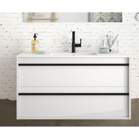Mueble de baño suspendido de 100 cm con dos cajones blanco satinado con lavabo incorporado - Astoria - Con espejo y lámpara LED (1/5)