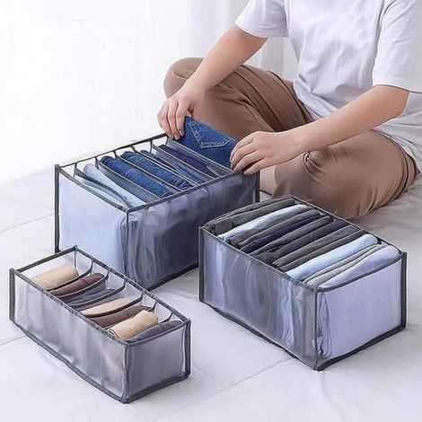 Organisateur de garde-robe 3 pièces, Boîte de Rangement pour Jeans, Boîte de Séparation en Maille de Tiroir à Vêtements (1/4)