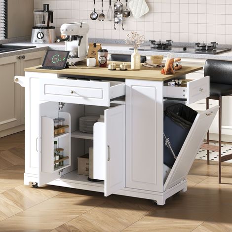 Carrello da cucina su ruote, isola centrale, tavolo da bar pieghevole, vano per la raccolta differenziata, presa elettrica, 2 cassetti, MDF, bianco