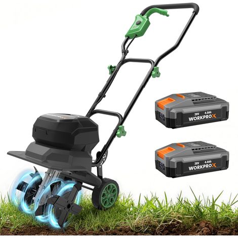 WORKPROX Motobineuse Électrique sans Fil 40V, Largeur 30 cm, Profondeur 20 cm, Batteries 2×4000 mAh, Guidon Pliable, Roues 4 Positions, Compacte et Silencieuse pour Jardin, Potager et Verger