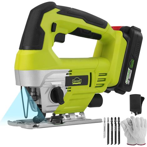 Scie Sauteuse sans fil 20V,vendue avec batterie 2,0 Ah, chargeur et coffret Gants,5pcs lames,Action Orbitale à 4 positions avec Jeu de, 0-45° Coupe en Biseau, Changement de Lames Rapide (1/5)