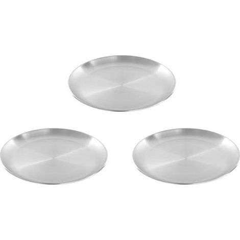 3X Plat à Cracher en Acier Inoxydable de 20 cm, Plateau Peu Profond en Argent, Disque à Manger en Métal, Assiette Ronde, Vaisselle à Dessert